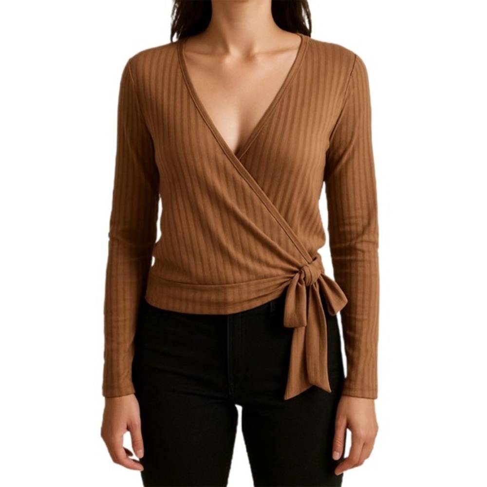 White Birch Brown Ribbed Wrap Blouse